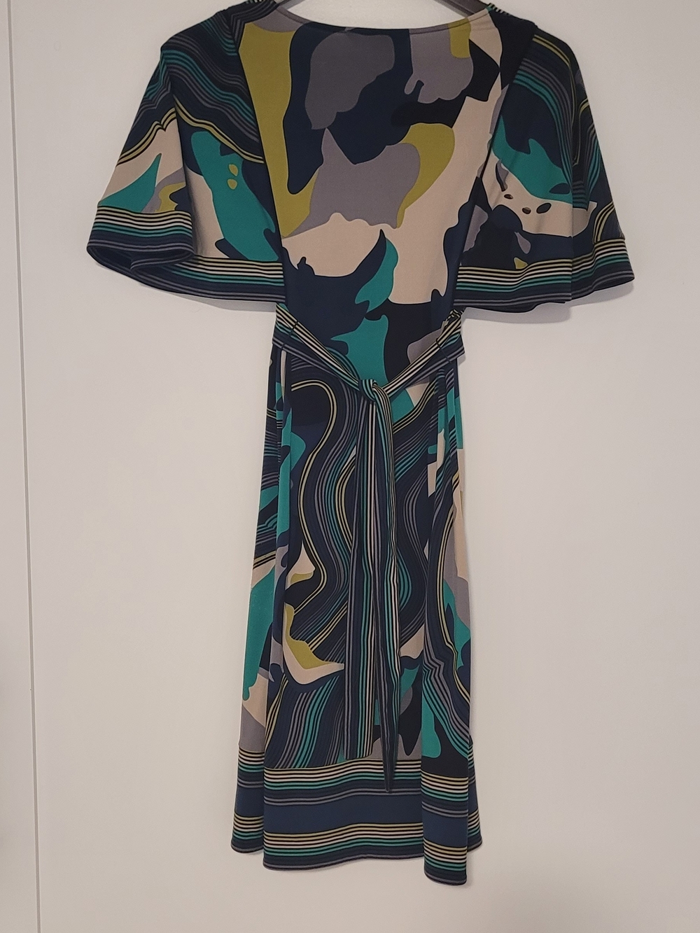 BCBGMaxAzria Abstract Print Flutter Sleeve Midi Dress Blue Teal Yellow - Picture 4 of 10